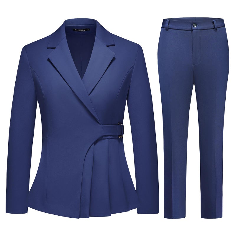 TRONSTORE Women's Pants Suit Solid Jacket 2 Piece Set Irregular Blazer Suit Business Casual Navy L - Image 1
