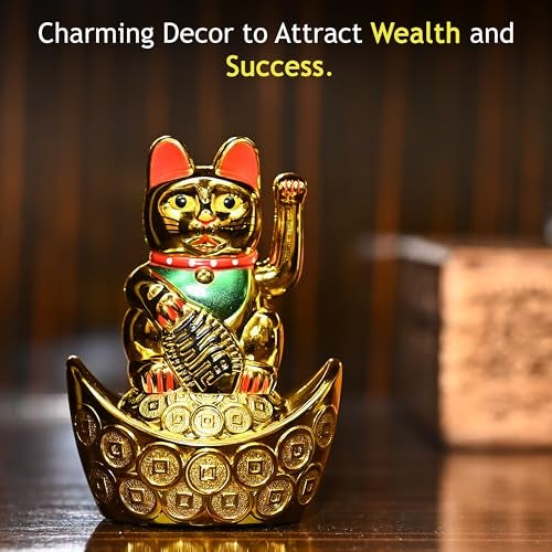 ZAICUS Golden Waving Cat Figurine on Money Ingots | Feng Shui Symbol for Good Luck, Wealth, Prosperity, and Health | Decorative Cat Statue for Home & Office - Image 5