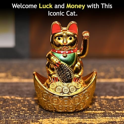 ZAICUS Golden Waving Cat Figurine on Money Ingots | Feng Shui Symbol for Good Luck, Wealth, Prosperity, and Health | Decorative Cat Statue for Home & Office - Image 2