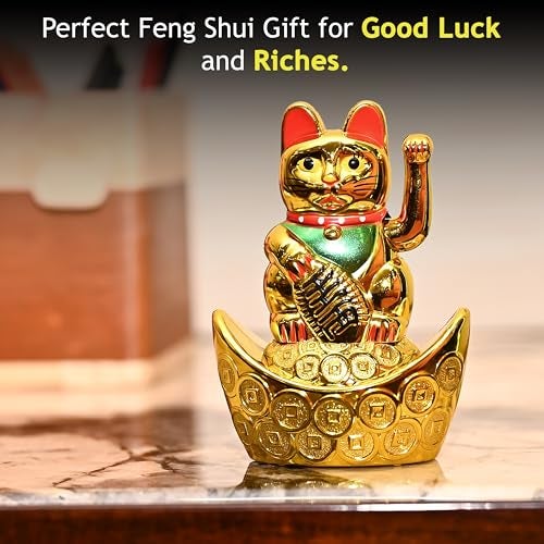 ZAICUS Golden Waving Cat Figurine on Money Ingots | Feng Shui Symbol for Good Luck, Wealth, Prosperity, and Health | Decorative Cat Statue for Home & Office - Image 3
