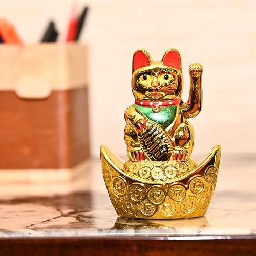 ZAICUS Golden Waving Cat Figurine on Money Ingots | Feng Shui Symbol for Good Luck, Wealth, Prosperity, and Health | Decorative Cat Statue for Home & Office - Image 1