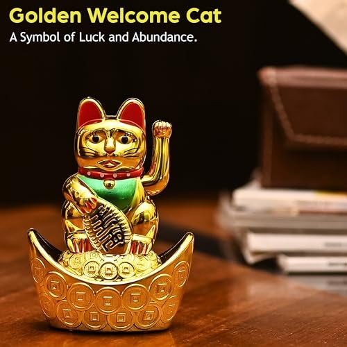 ZAICUS Golden Waving Cat Figurine on Money Ingots | Feng Shui Symbol for Good Luck, Wealth, Prosperity, and Health | Decorative Cat Statue for Home & Office - Image 4