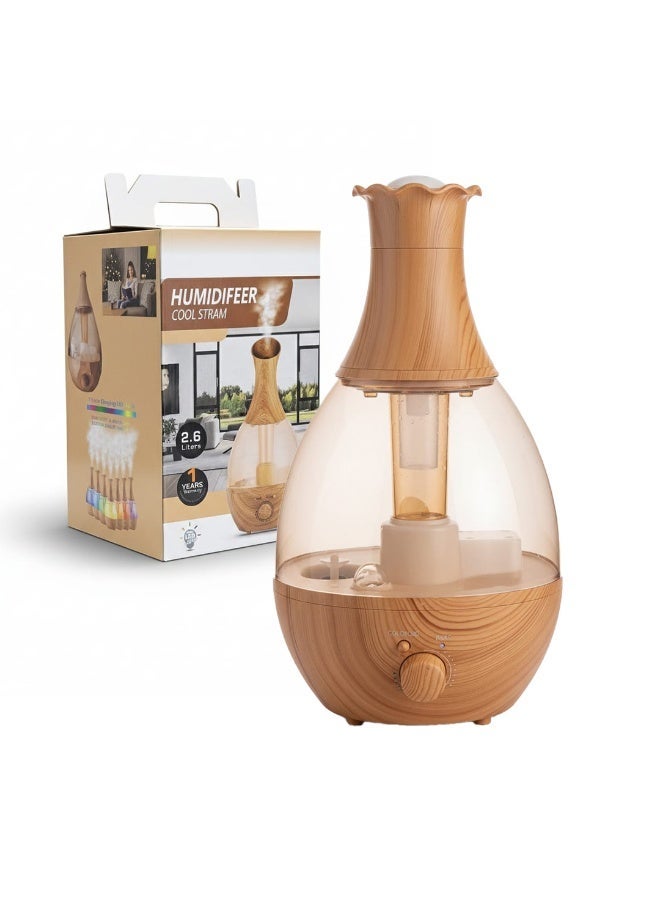 موزع زيوت عطرية سعة 2.6 لتر، موزع رذاذ بارد ومرطب، هادئ للغاية، ضوء ملون، إيقاف تلقائي، يدوم طويلاً، تصميم خشبي أنيق للمنزل والمكتب - Image 1