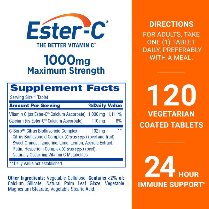 Ester - C Ester-C Vitamin C 1000 mg Coated Tablets, Immune System Booster, Stomach-Friendly Supplement, 120 Count - Image 2
