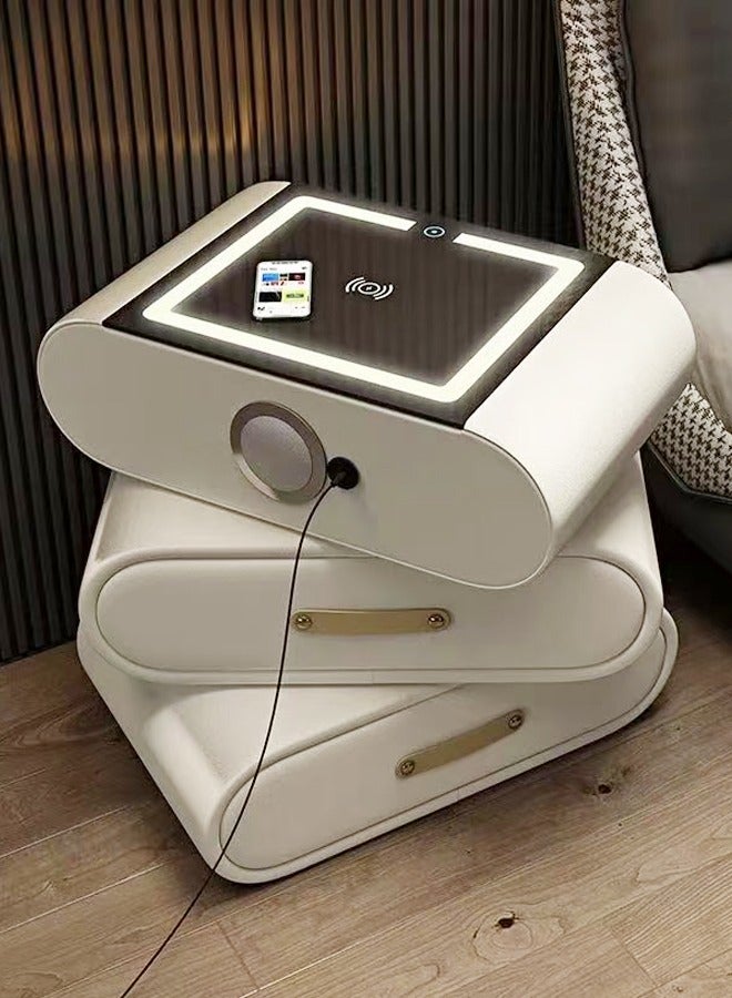 فاشون هوم طاولة جانبية للسرير بتصميم عصري تدور 360 درجة مع 3 أدراج تخزين وأضواء حثية ومحطة شحن لاسلكية ومكبرات صوت استريو وطاولة نهاية من الخشب الصلب مقاس 52 × 41 × 52 سم - Image 1