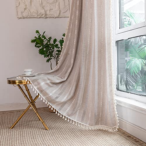 Linen Curtains 63 Inch Length 2 Panels for Living Room Embroidery Khaki Boho Curtains for Bedroom Rustic Farmhouse Tassel Light Filtering Window Curtains Rod Pocket Drapes 52 W x 63 LKhaki