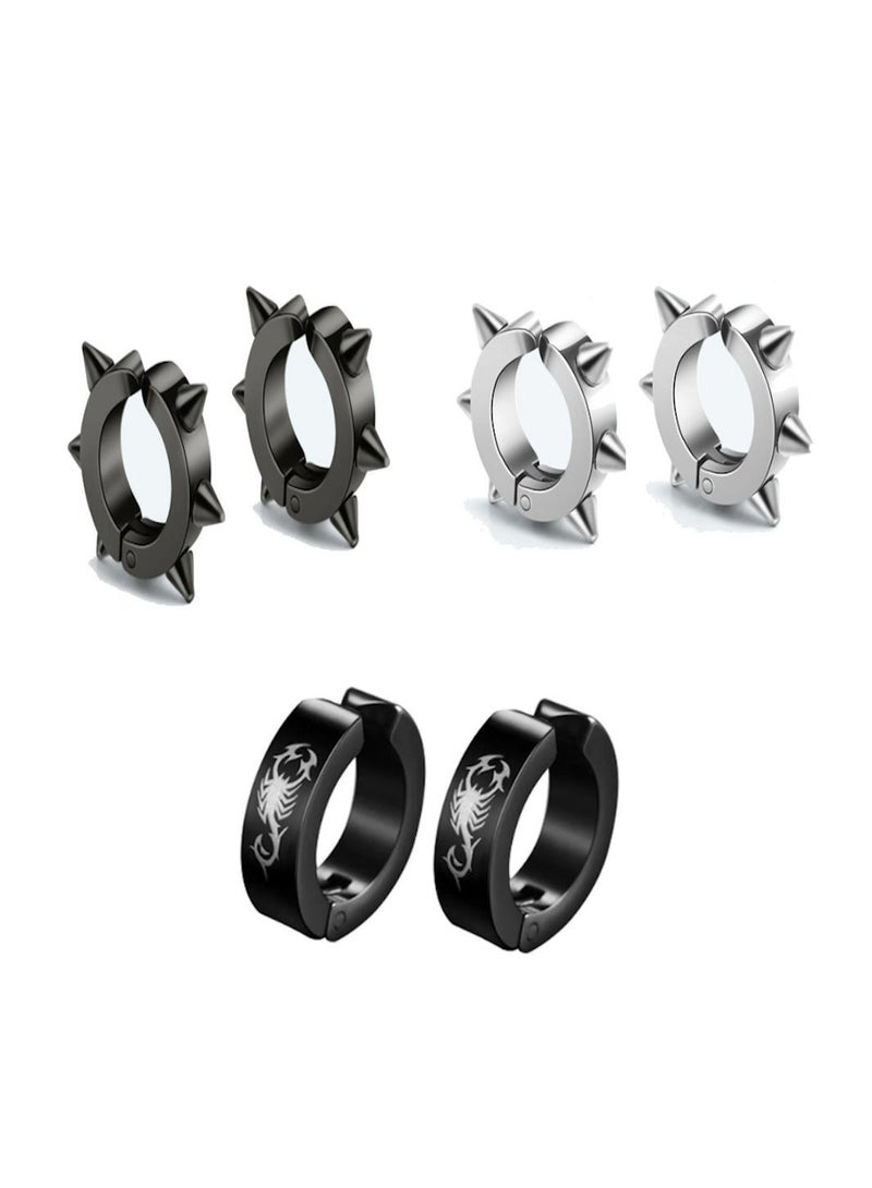 JOLLITY LLC Men Women Jewelry Stainless Steel Clip On Non Piercing Earrings Hoop Spike Punk 3 pairs - Image 1