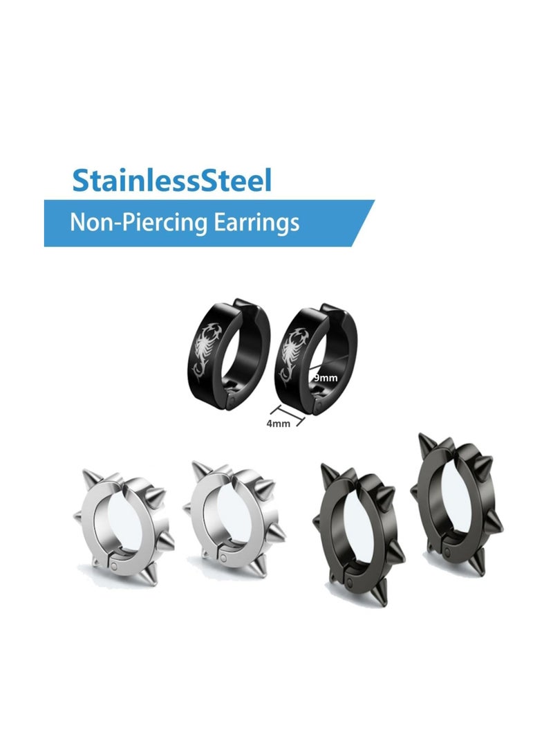 JOLLITY LLC Men Women Jewelry Stainless Steel Clip On Non Piercing Earrings Hoop Spike Punk 3 pairs - Image 3