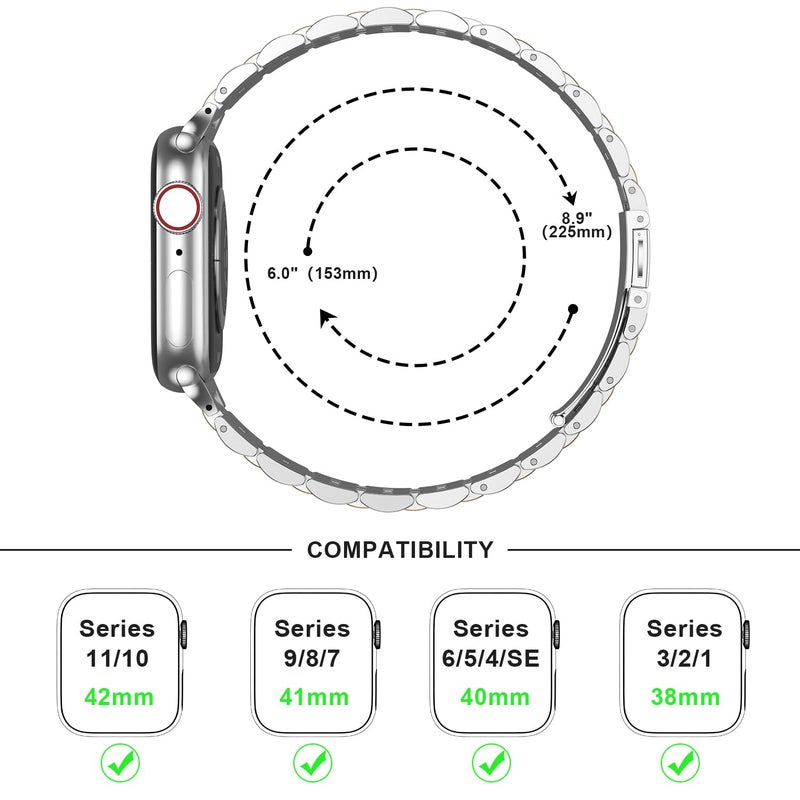 Anlinser Metal Strap Compatible with Apple Watch Straps 46mm 45mm 44mm 42mm 41mm 40mm 38mm, Adjustable Stainless Steel Band for iWatch Ultra 2 Series 10/9/8/7/6/5/3,SE (42/41/40/38, Silver Gold) - Image 4