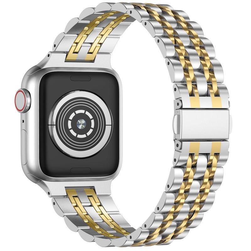 Anlinser Metal Strap Compatible with Apple Watch Straps 46mm 45mm 44mm 42mm 41mm 40mm 38mm, Adjustable Stainless Steel Band for iWatch Ultra 2 Series 10/9/8/7/6/5/3,SE (42/41/40/38, Silver Gold) - Image 2