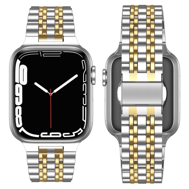 Anlinser Metal Strap Compatible with Apple Watch Straps 46mm 45mm 44mm 42mm 41mm 40mm 38mm, Adjustable Stainless Steel Band for iWatch Ultra 2 Series 10/9/8/7/6/5/3,SE (42/41/40/38, Silver Gold) - Image 3
