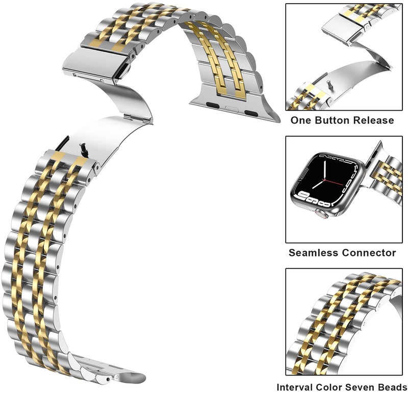 Anlinser Metal Strap Compatible with Apple Watch Straps 46mm 45mm 44mm 42mm 41mm 40mm 38mm, Adjustable Stainless Steel Band for iWatch Ultra 2 Series 10/9/8/7/6/5/3,SE (42/41/40/38, Silver Gold) - Image 5