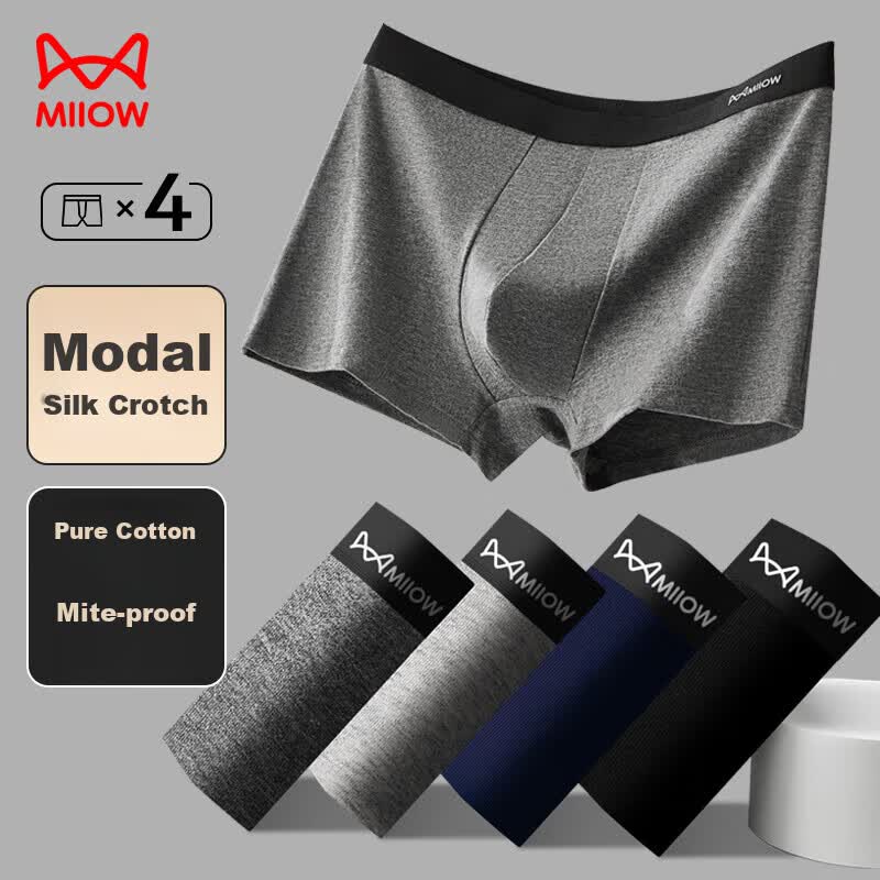 JD Jing Zao MiiOW Men's Underwear, Pure Cotton Boxer Briefs, Mulberry Silk Antibacterial Crotch, Comfortable Men's Shorts, 4 Pairs, Size L - Image 5