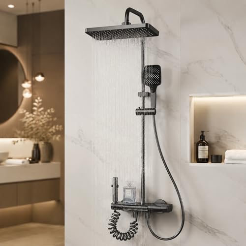 Inart Shower Panel For Bathroom - Wall Mixer 3 In 1 Shower Set, Luxury Panels Single Lever Hot And Cold With Handshower, Faucet, Spout - Black - Complete Washroom Showers - Image 1