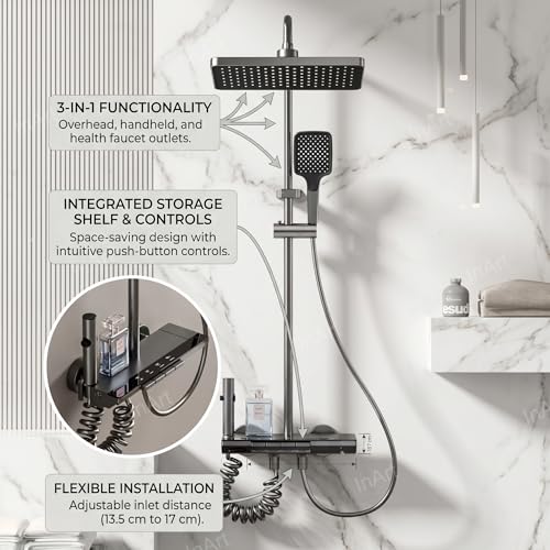 Inart Shower Panel For Bathroom - Wall Mixer 3 In 1 Shower Set, Luxury Panels Single Lever Hot And Cold With Handshower, Faucet, Spout - Black - Complete Washroom Showers - Image 3