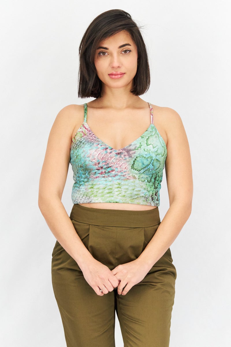 BB Dakota Women V Neck Sleeveless Allover Printed Crop Top, Green Combo - Image 1