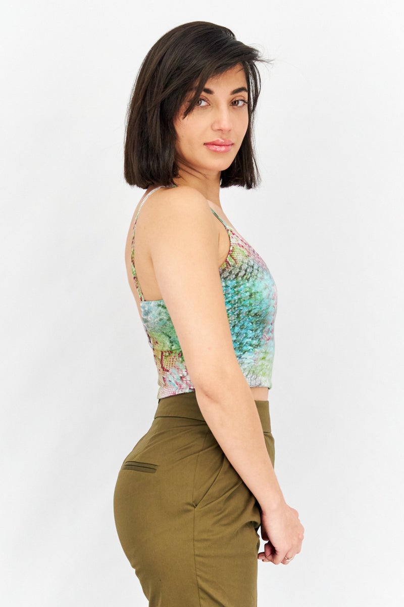 BB Dakota Women V Neck Sleeveless Allover Printed Crop Top, Green Combo - Image 3