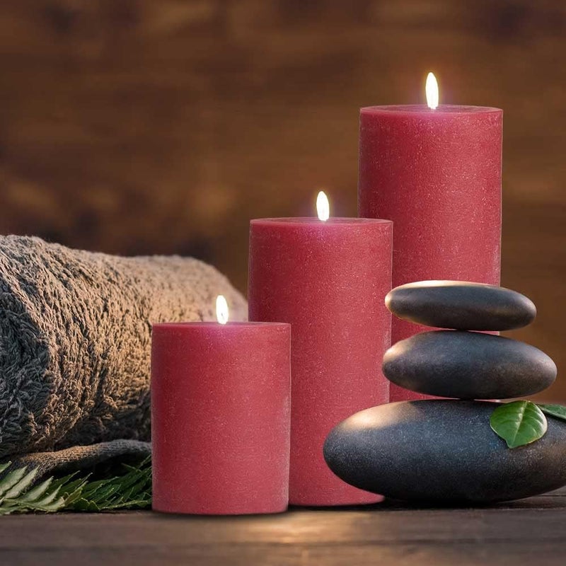 bask Mottled Pillar Candles - Unscented Burgundy Candles Set of 3 - Dripless, Smokeless for All Occasions - Image 5