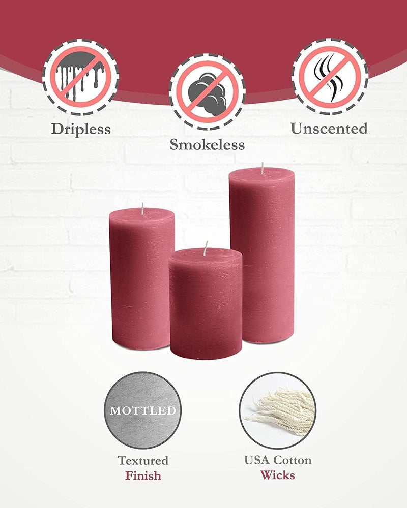 bask Mottled Pillar Candles - Unscented Burgundy Candles Set of 3 - Dripless, Smokeless for All Occasions - Image 4