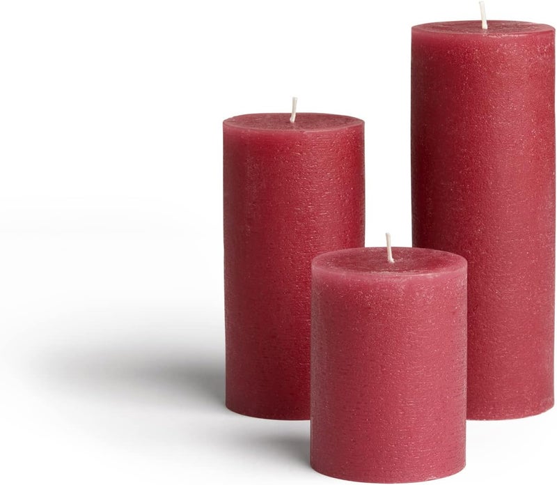 bask Mottled Pillar Candles - Unscented Burgundy Candles Set of 3 - Dripless, Smokeless for All Occasions - Image 2