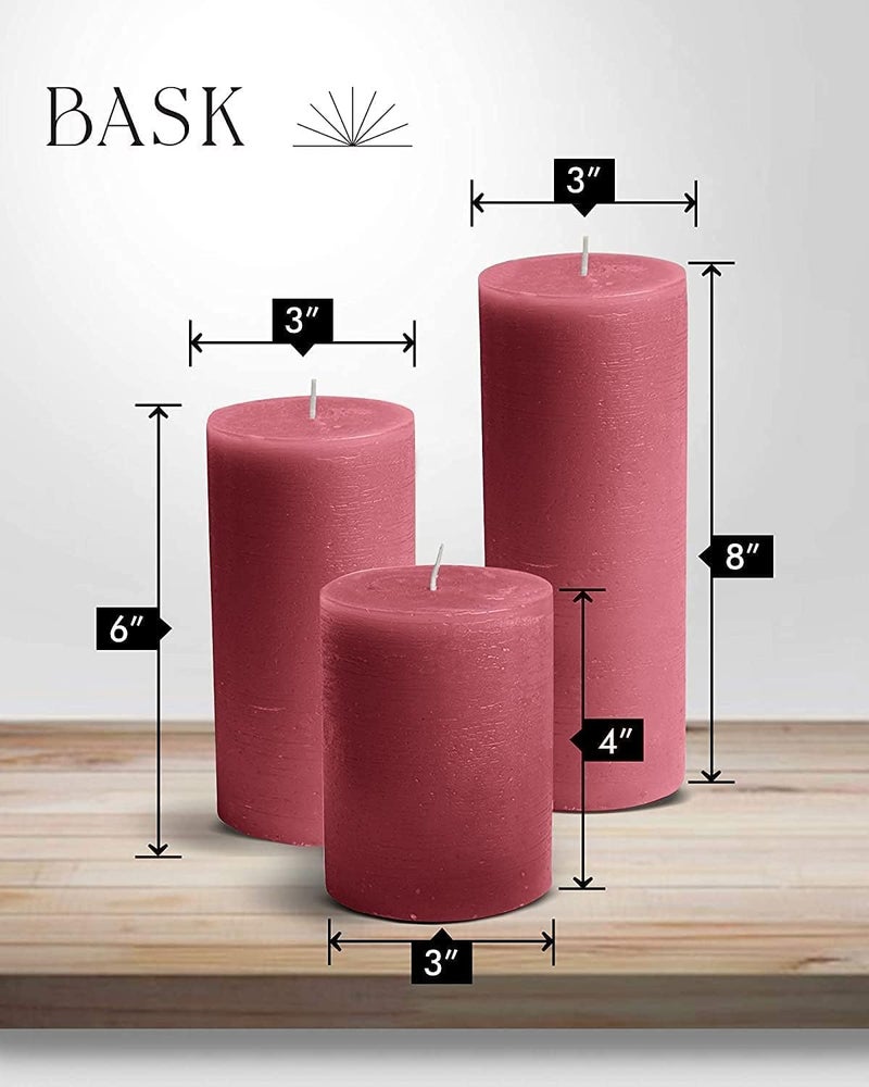 bask Mottled Pillar Candles - Unscented Burgundy Candles Set of 3 - Dripless, Smokeless for All Occasions - Image 3