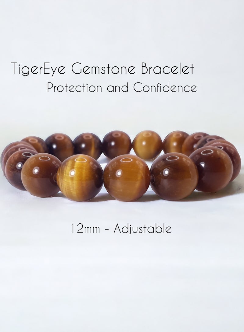 HADIGEMS 12mm Natural Gemstone TigerEye Strech Bracelet - Image 1