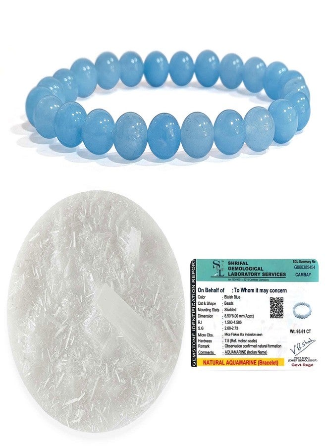 SOLAVA Aquamarine Bracelet Original Certified with Selenite Plate | Natural Aquamarine Crystal Stone Beads Bracelet for Men & Women | Calm, Communication & Energy Cleansing - Image 1