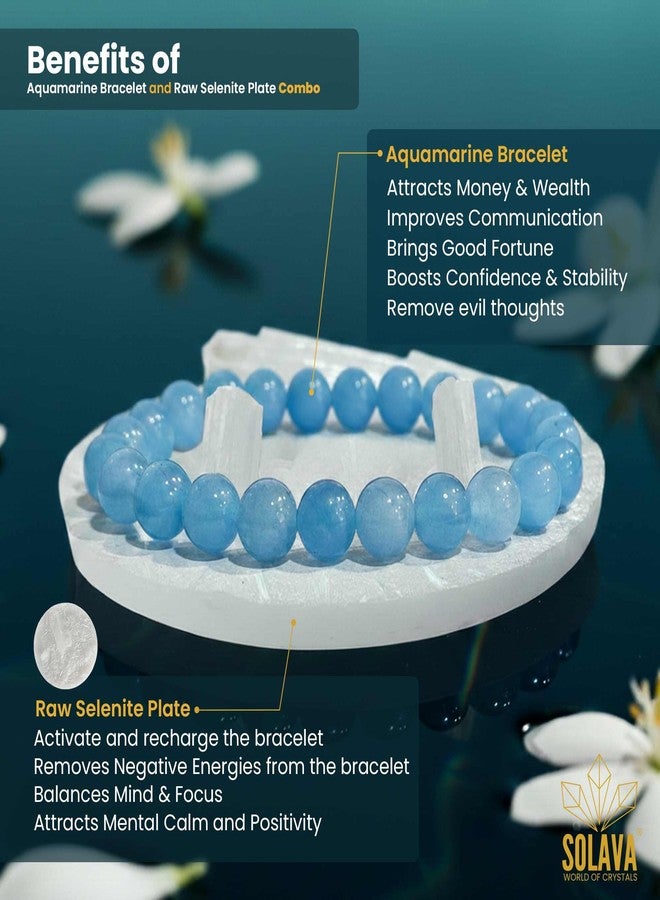 SOLAVA Aquamarine Bracelet Original Certified with Selenite Plate | Natural Aquamarine Crystal Stone Beads Bracelet for Men & Women | Calm, Communication & Energy Cleansing - Image 3