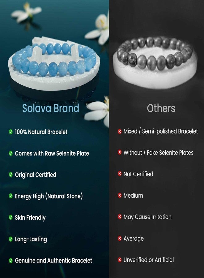 SOLAVA Aquamarine Bracelet Original Certified with Selenite Plate | Natural Aquamarine Crystal Stone Beads Bracelet for Men & Women | Calm, Communication & Energy Cleansing - Image 4