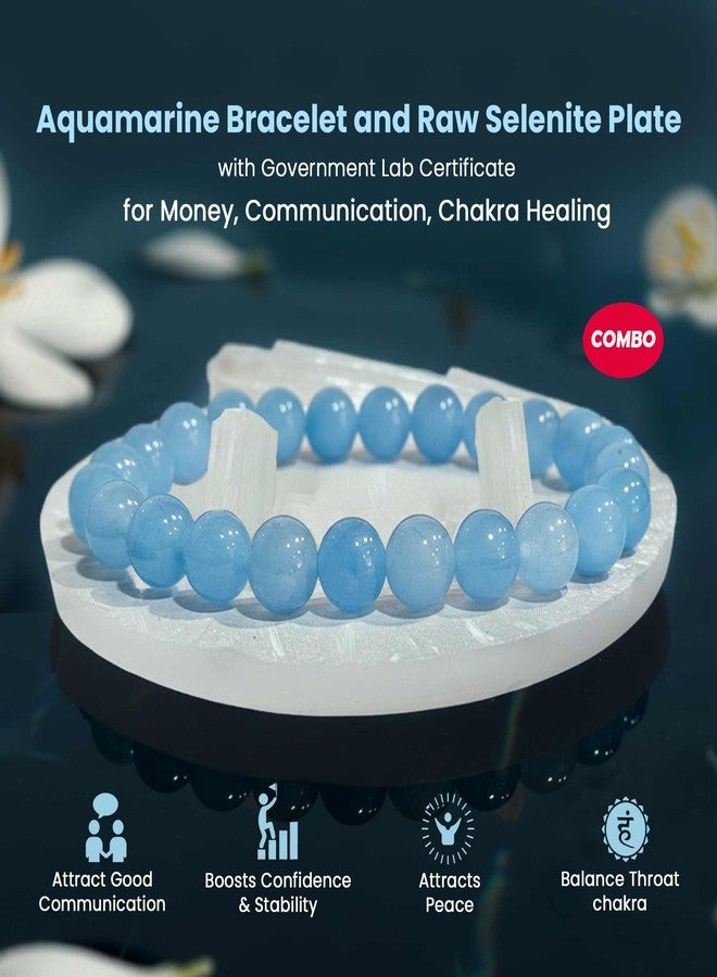 SOLAVA Aquamarine Bracelet Original Certified with Selenite Plate | Natural Aquamarine Crystal Stone Beads Bracelet for Men & Women | Calm, Communication & Energy Cleansing - Image 2