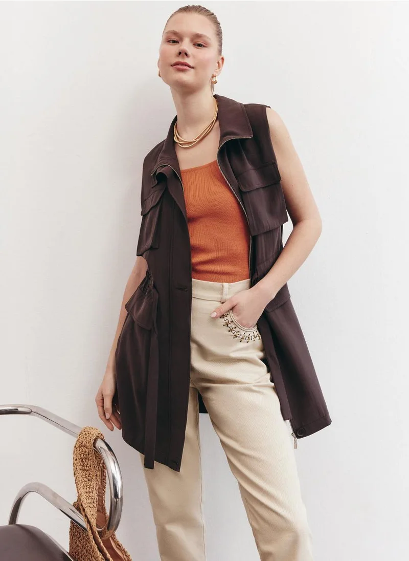 Kayra Drawstring Waist Stand-up Collar Vest Dark Brown