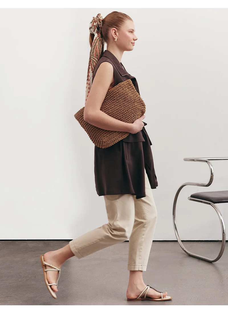 Kayra Drawstring Waist Stand-up Collar Vest Dark Brown