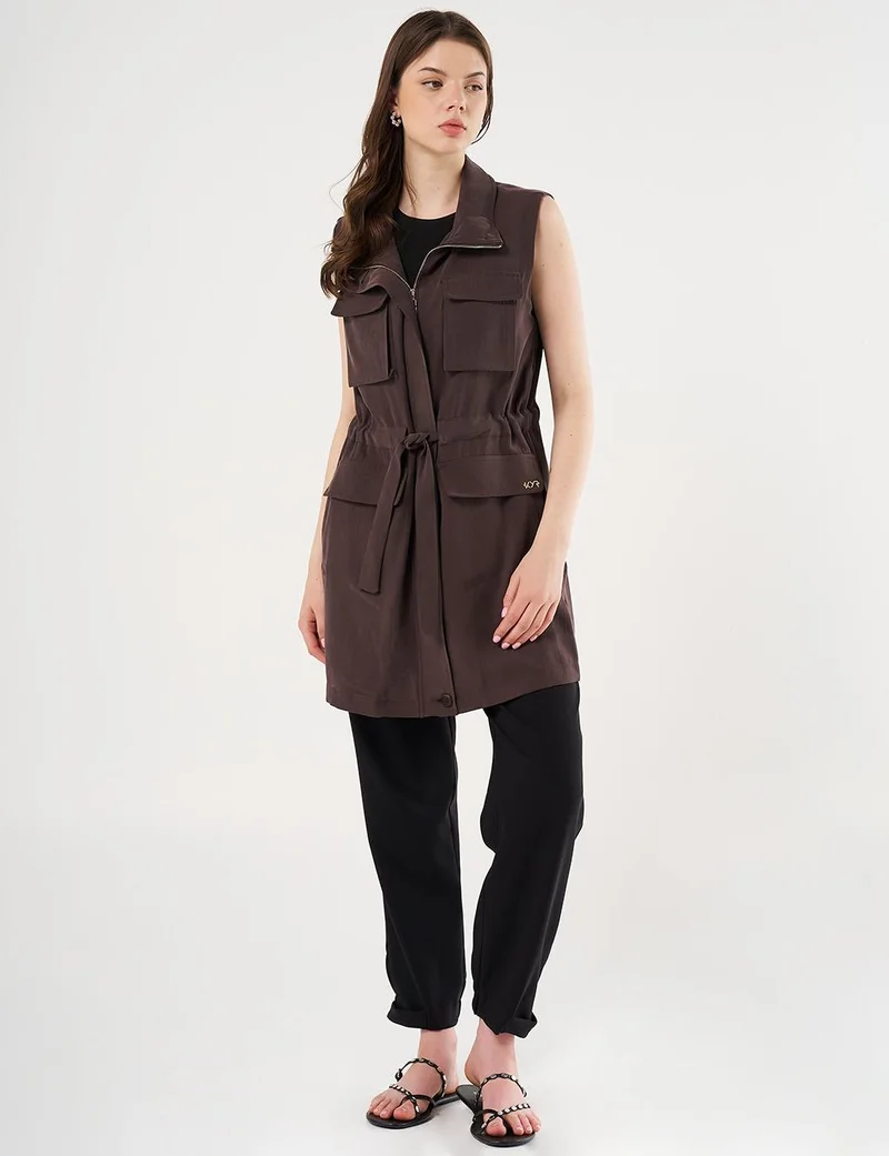 Kayra Drawstring Waist Stand-up Collar Vest Dark Brown