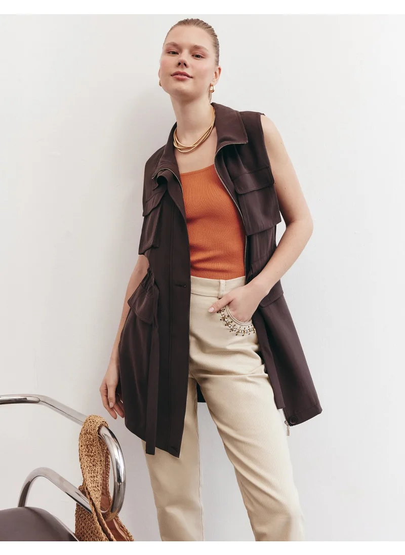 Kayra Drawstring Waist Stand-up Collar Vest Dark Brown