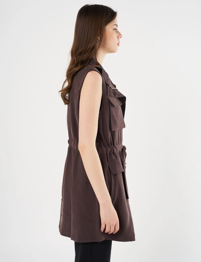 Kayra Drawstring Waist Stand-up Collar Vest Dark Brown
