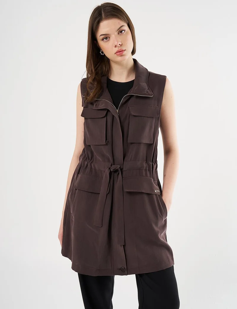 Kayra Drawstring Waist Stand-up Collar Vest Dark Brown