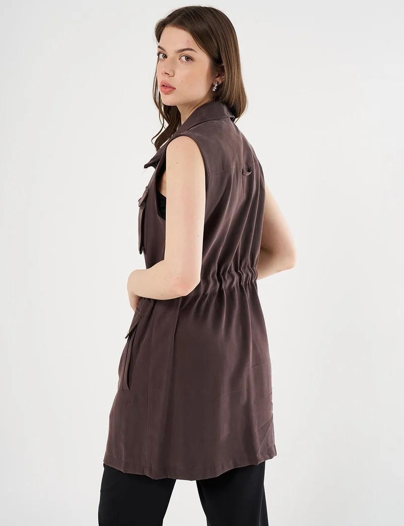 Kayra Drawstring Waist Stand-up Collar Vest Dark Brown