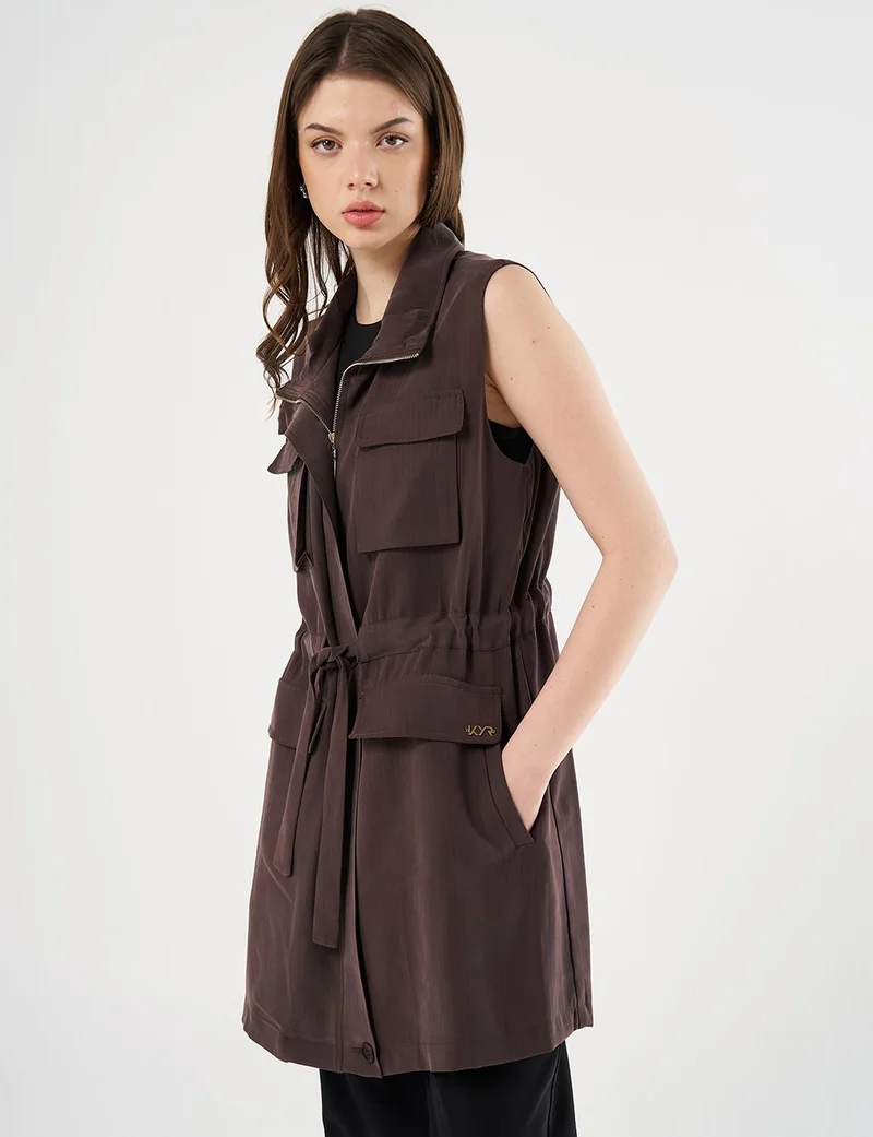 Kayra Drawstring Waist Stand-up Collar Vest Dark Brown