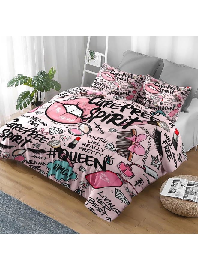 Pamnest 3 Pcs Comforter Set Full Size, Makeup Pink Queen Soft Bedding Set for Kids and Adults, Women Diamond Cute Comforter Set with Pillowcase, for Bedroom Bed Decor - Image 2