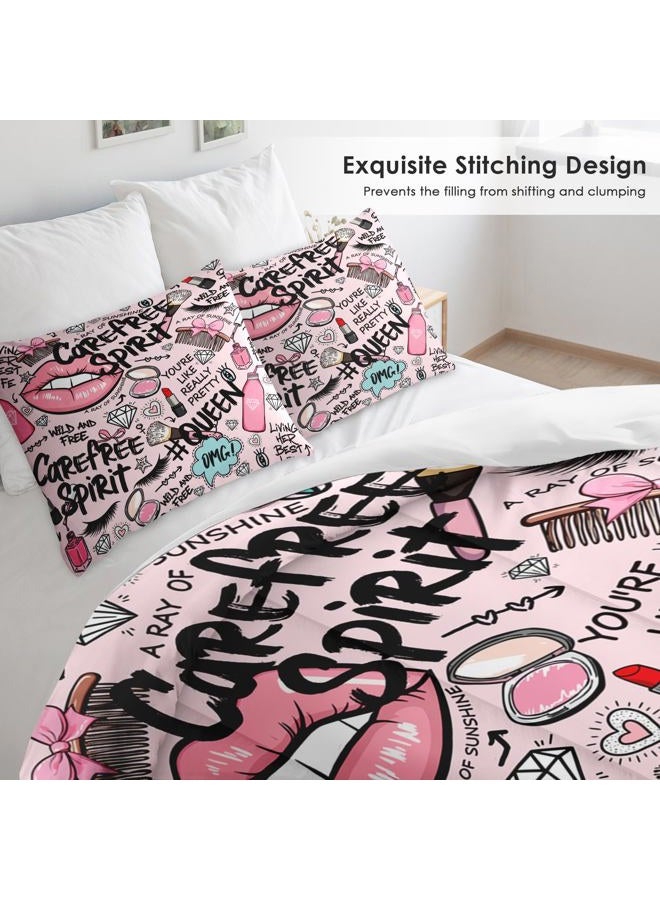 Pamnest 3 Pcs Comforter Set Full Size, Makeup Pink Queen Soft Bedding Set for Kids and Adults, Women Diamond Cute Comforter Set with Pillowcase, for Bedroom Bed Decor - Image 4