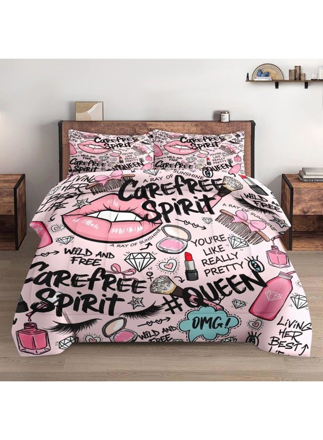 Pamnest 3 Pcs Comforter Set Full Size, Makeup Pink Queen Soft Bedding Set for Kids and Adults, Women Diamond Cute Comforter Set with Pillowcase, for Bedroom Bed Decor - Image 3