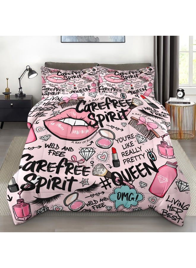 Pamnest 3 Pcs Comforter Set Full Size, Makeup Pink Queen Soft Bedding Set for Kids and Adults, Women Diamond Cute Comforter Set with Pillowcase, for Bedroom Bed Decor - Image 1