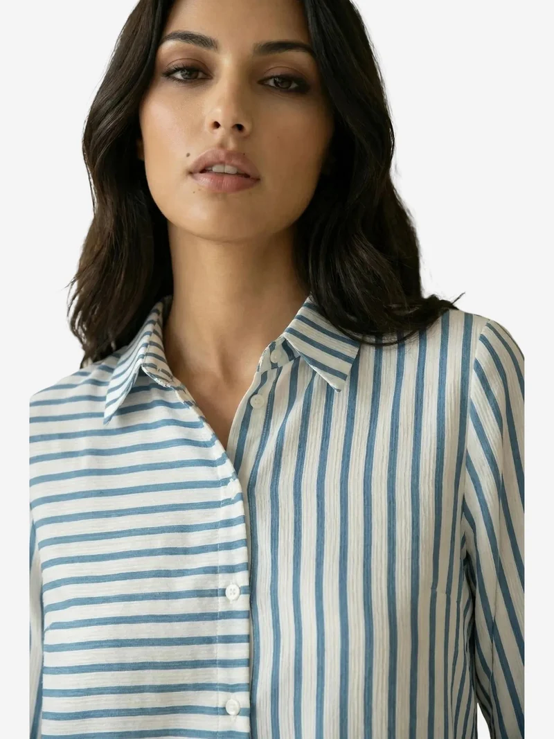 My Fashion Cerulean Blue MY FASHION Striped Long-Sleeve Button-Front Shirt for Women | Best Price UAE