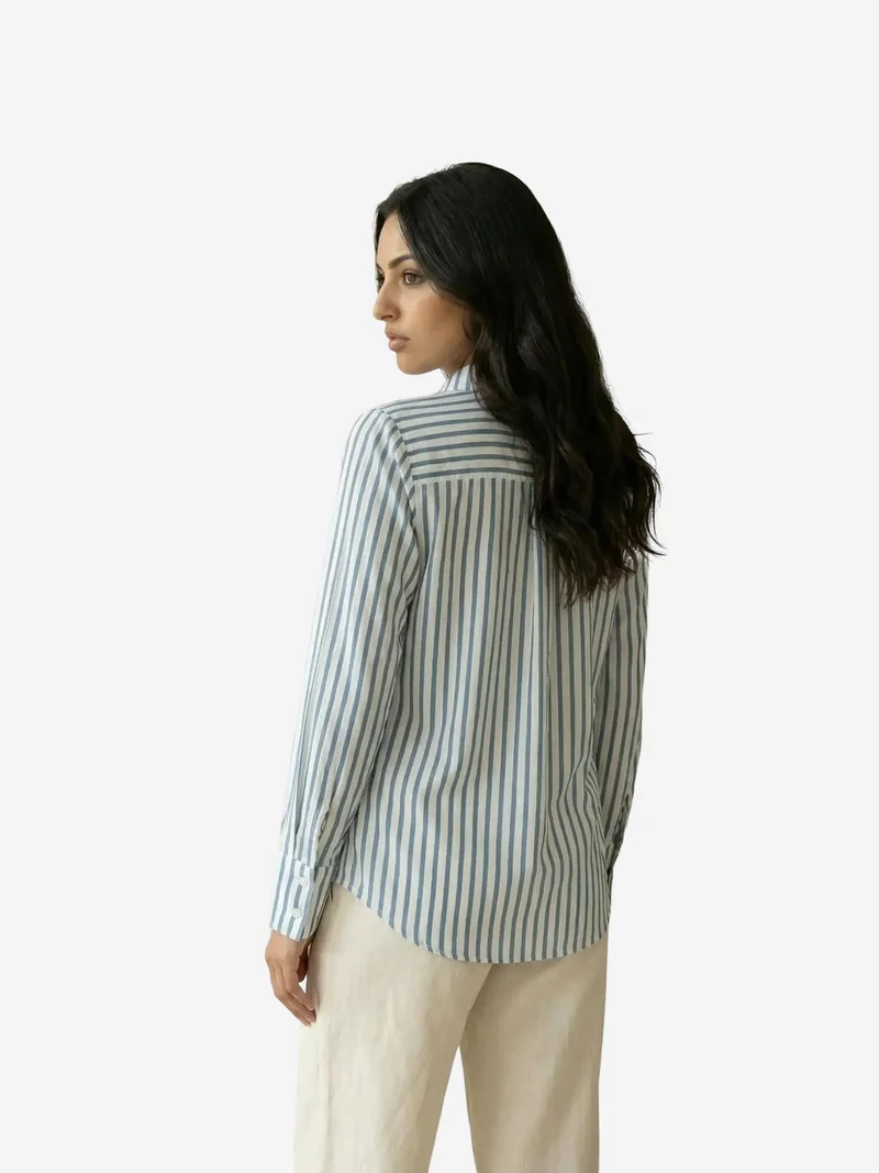 My Fashion Cerulean Blue MY FASHION Striped Long-Sleeve Button-Front Shirt for Women | Best Price UAE