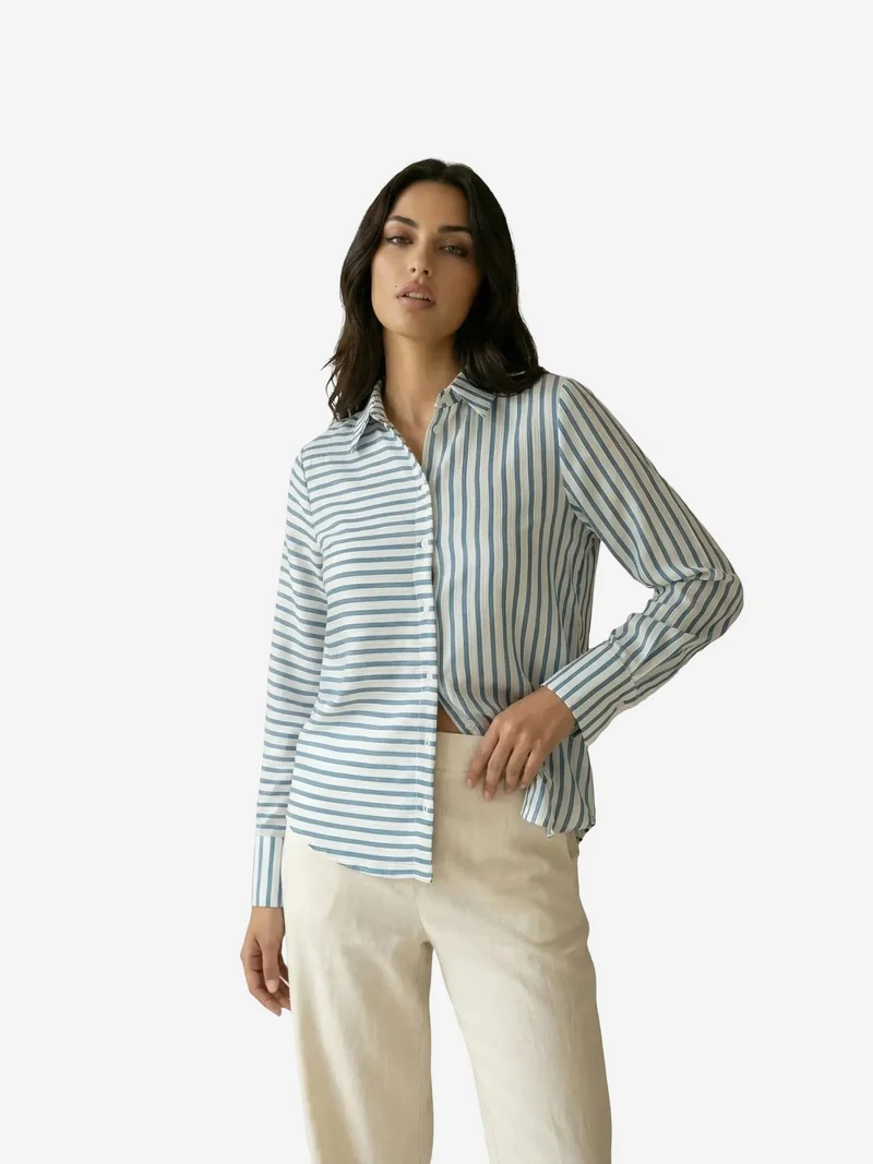 My Fashion Cerulean Blue MY FASHION Striped Long-Sleeve Button-Front Shirt for Women | Best Price UAE