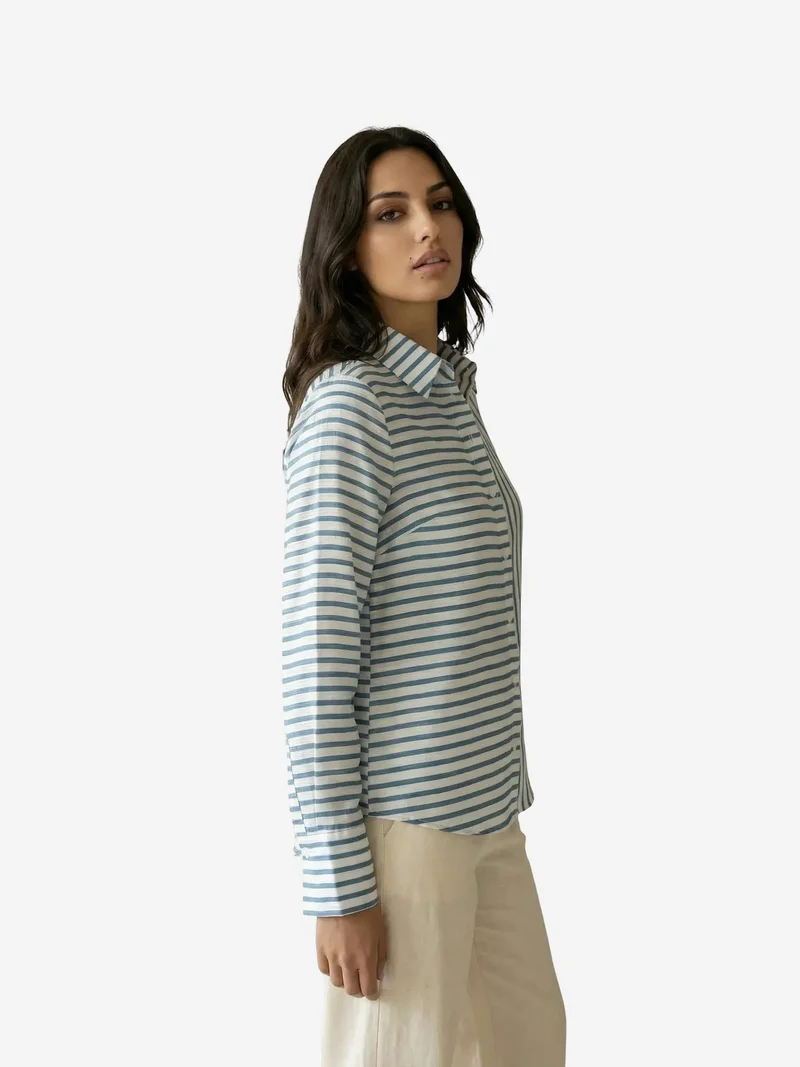My Fashion Cerulean Blue MY FASHION Striped Long-Sleeve Button-Front Shirt for Women | Best Price UAE