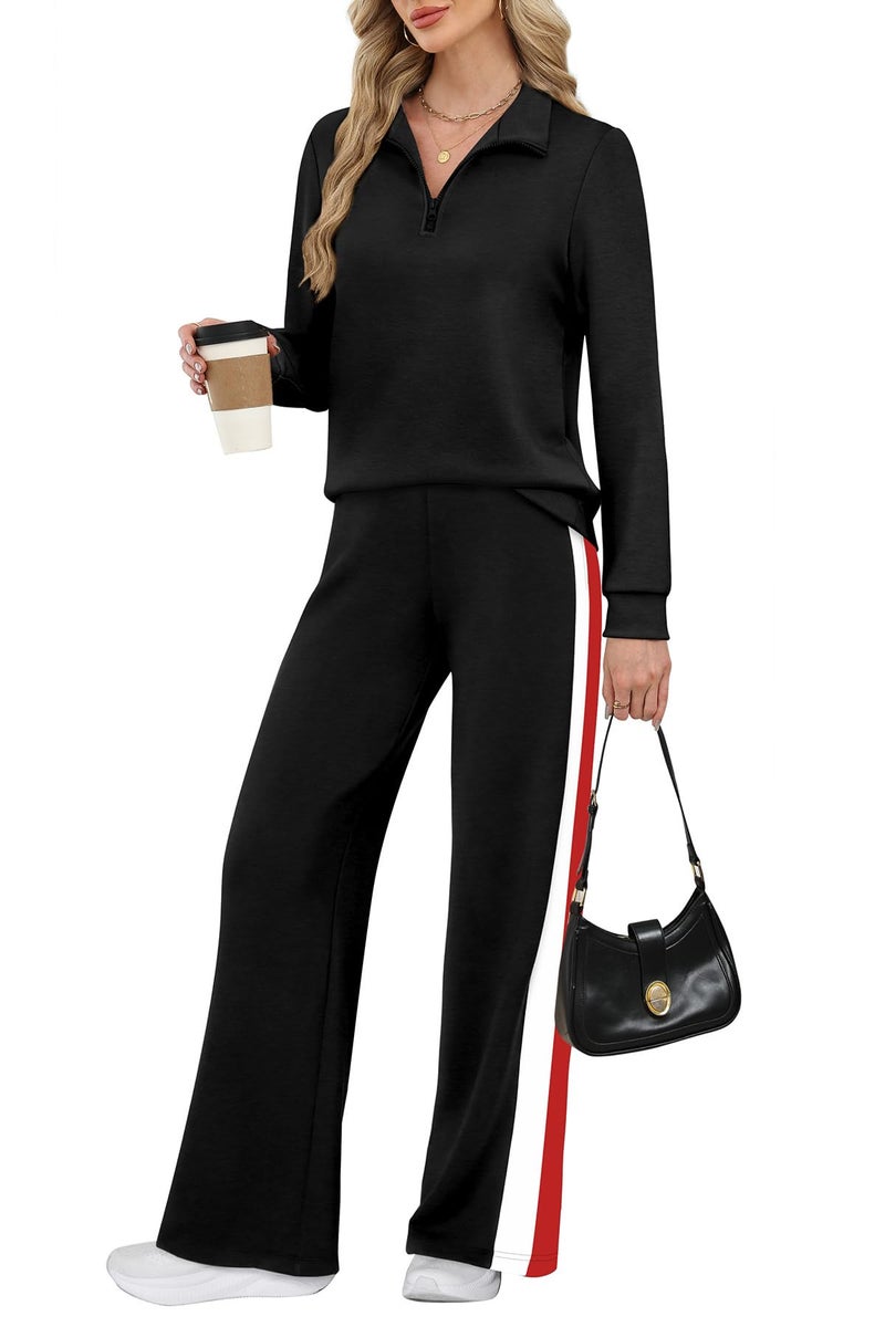 WIHOLL Lounge Sets for Women 2 Piece Airport Travel Cruise Outfits 2025 Euro Vacation Casual Sweat Suits Workout Comfy Matching Sets Women Winter Clothes Half Zip Up Active Tracksuit Black S - Image 1