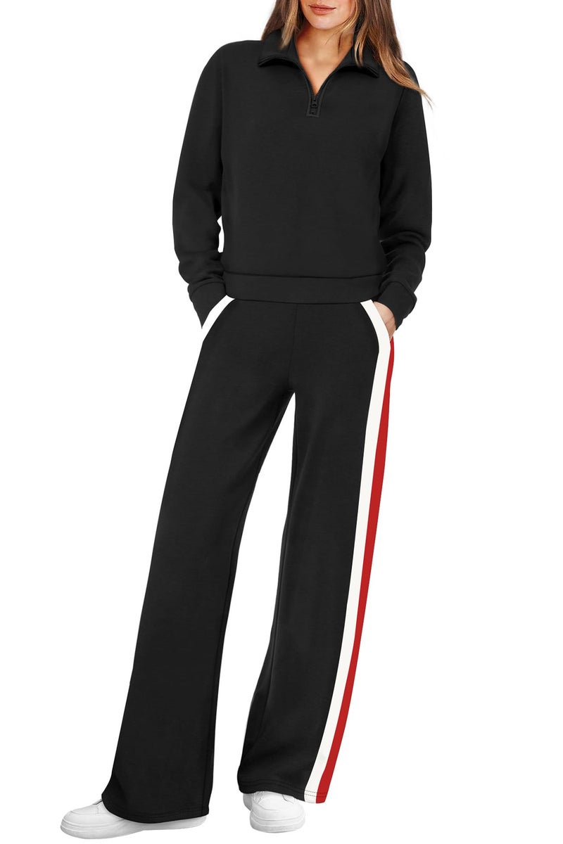 WIHOLL Lounge Sets for Women 2 Piece Airport Travel Cruise Outfits 2025 Euro Vacation Casual Sweat Suits Workout Comfy Matching Sets Women Winter Clothes Half Zip Up Active Tracksuit Black S - Image 3