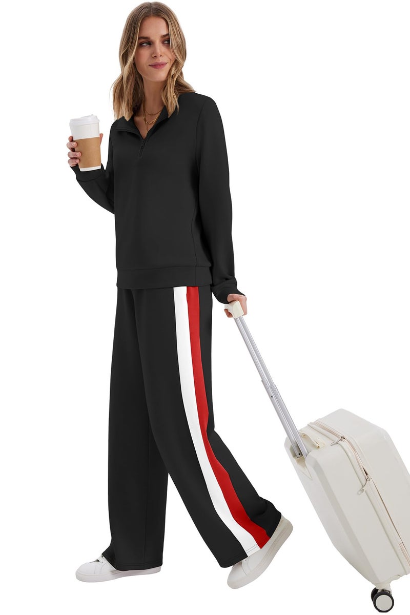 WIHOLL Lounge Sets for Women 2 Piece Airport Travel Cruise Outfits 2025 Euro Vacation Casual Sweat Suits Workout Comfy Matching Sets Women Winter Clothes Half Zip Up Active Tracksuit Black S - Image 2