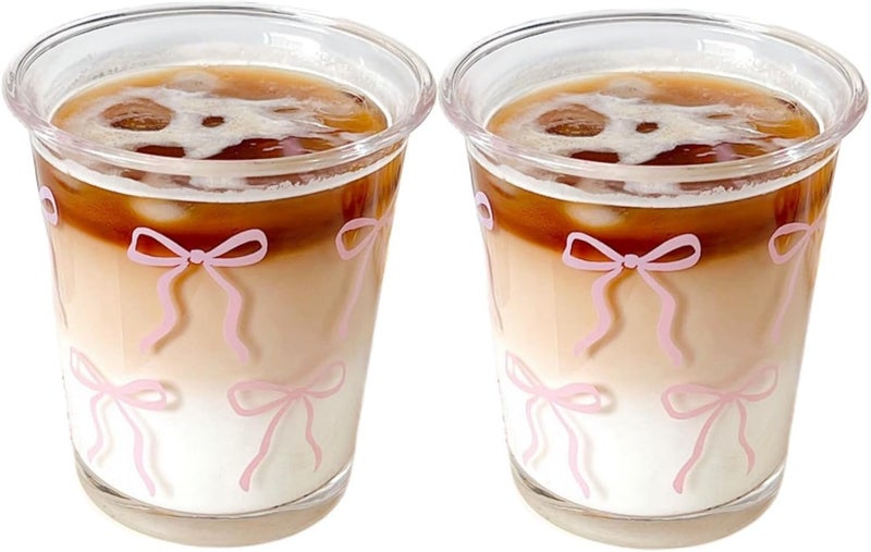 yaocoral Set of 2 12 OZ French Drinking Glasses Bow Glass Coffee Cup Tea Cup Cute Glass Cups for Iced TeaJuiceCoffeeMilkDessertStackable Glassware Drinkware Set pink bow - Image 1